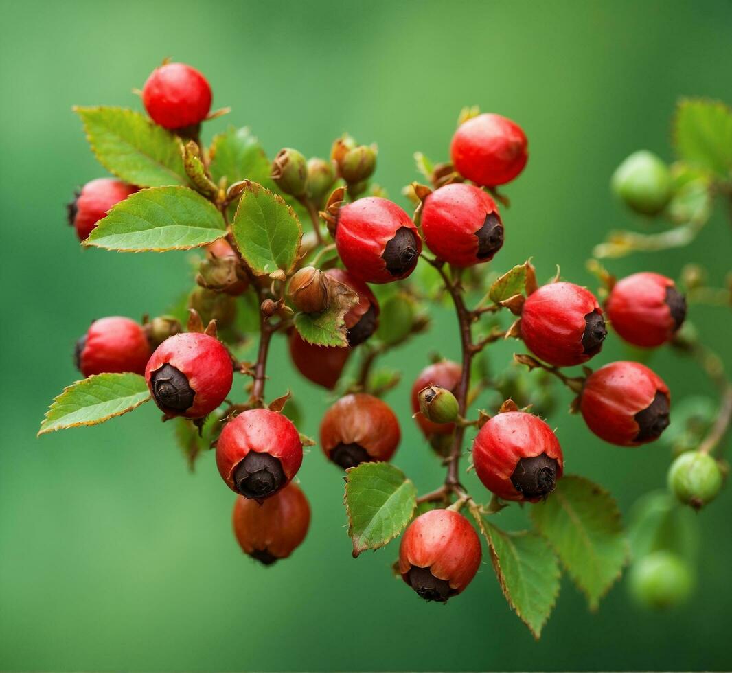 ai genererad mogen nypon bär på en gren med grön löv i de trädgård foto