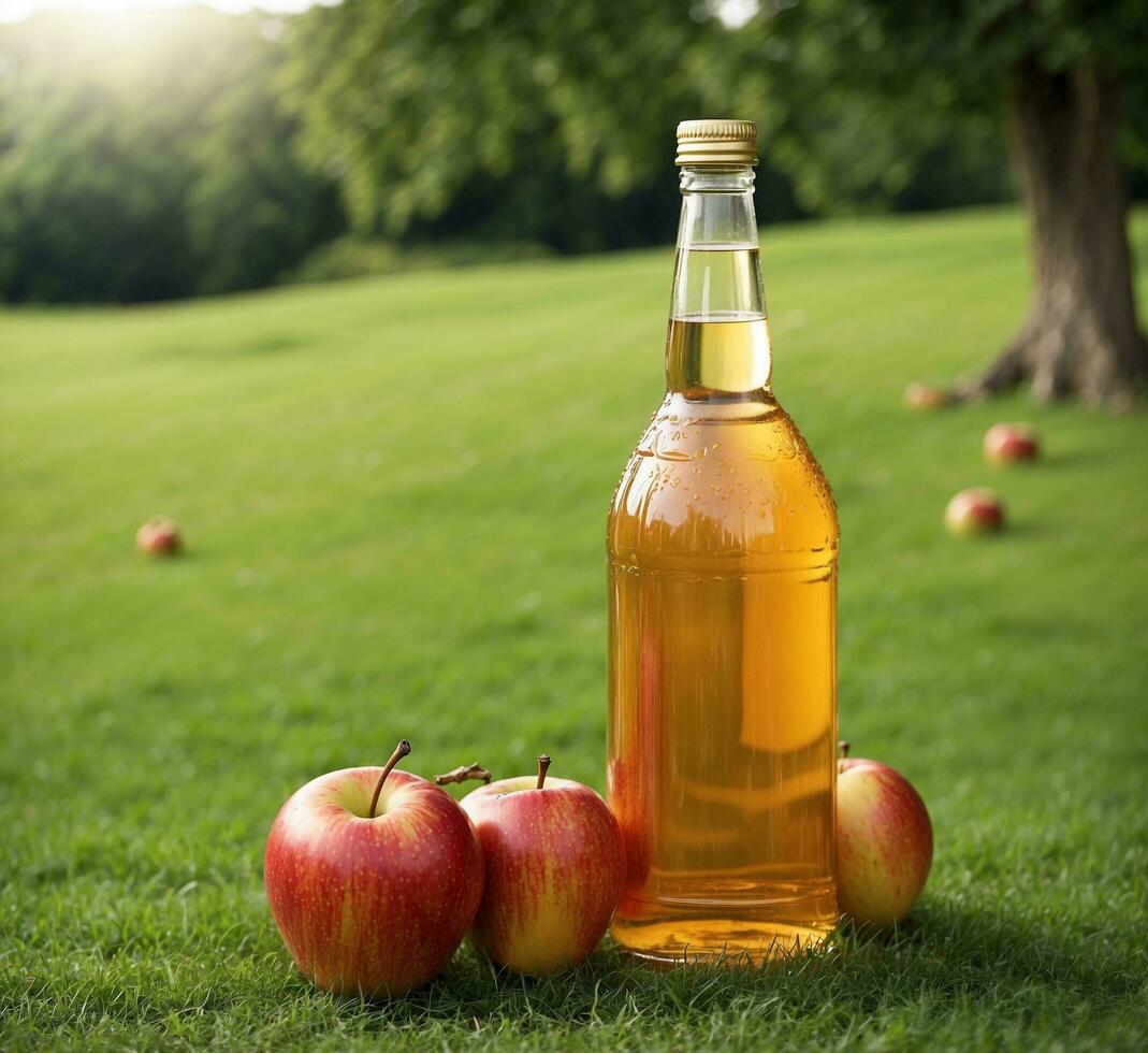 ai genererad äpple cider vinäger i en flaska och färsk mogen äpplen på de gräs. foto