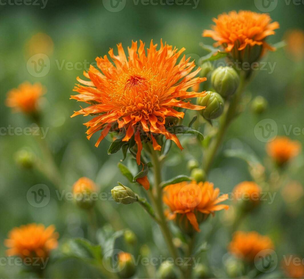 ai genererad orange blommor på en grön bakgrund. grund djup av fält. foto