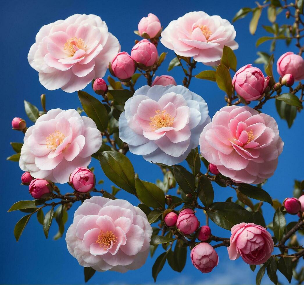 ai genererad rosa och vit kamelia blommor blomning på blå himmel bakgrund foto