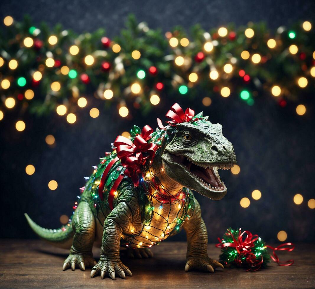ai genererad triceratops dinosaurie med jul träd och lampor på bakgrund foto