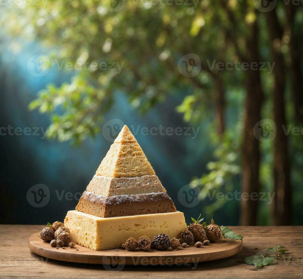 ai genererad bit av ost kaka på en trä- tabell med en suddig bakgrund foto