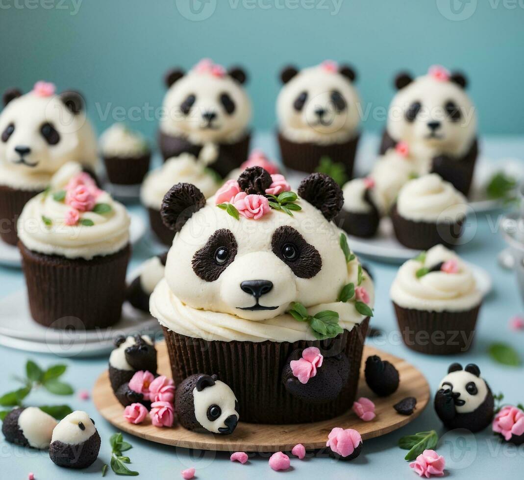 ai genererad muffins dekorerad med panda Björn och blommor på blå bakgrund foto