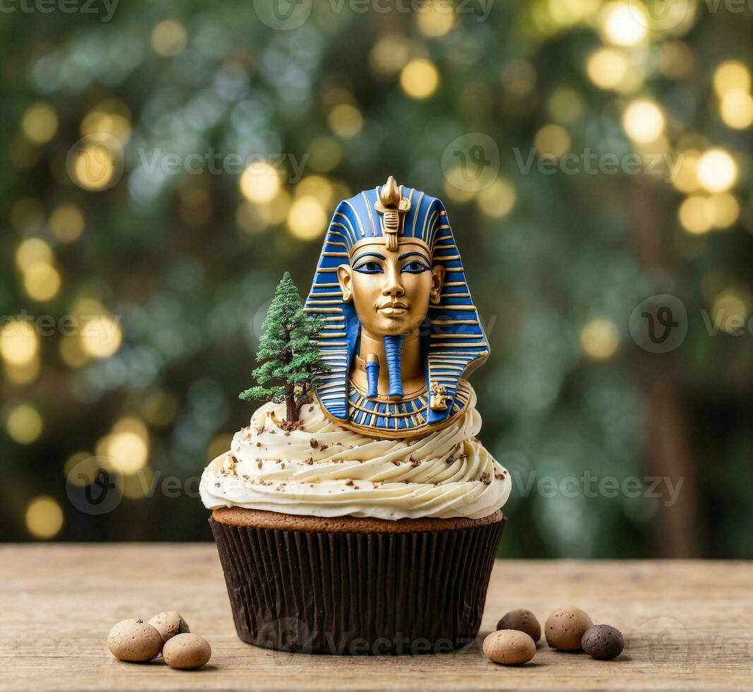 ai genererad muffin med egyptisk Gud farao på bokeh bakgrund foto