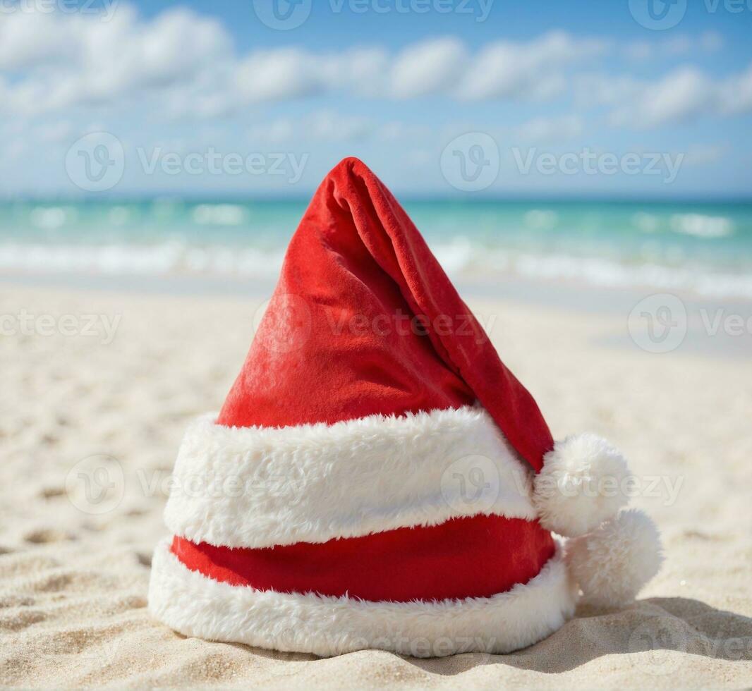 ai genererad santa claus hatt på de strand. jul bakgrund. Semester begrepp. foto