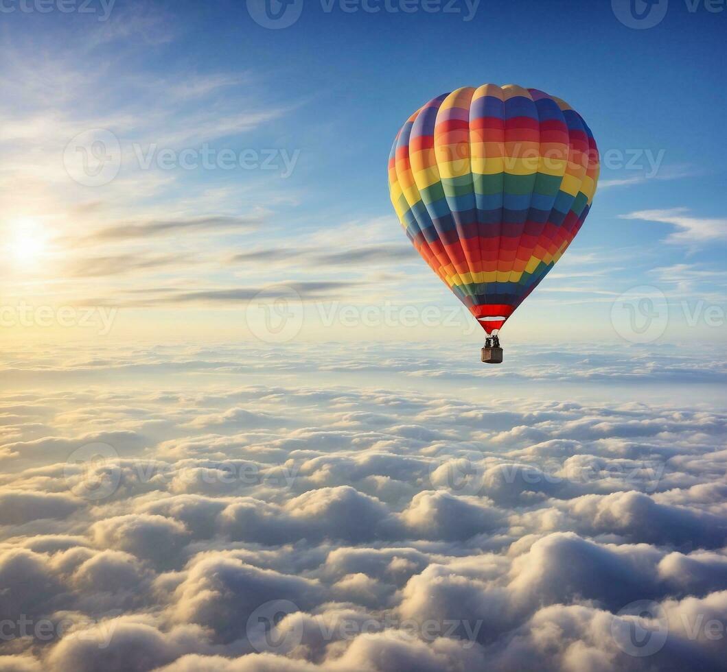 ai genererad färgrik varm luft ballong flygande ovan de moln på solnedgång. 3d tolkning foto