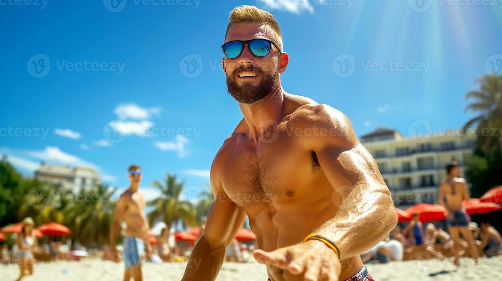 ai genererad porträtt av en man ler och Lycklig medan spelar på de strand. ung vuxen manlig stående och seende runt om de strand. Semester, helgen, semester begrepp. generativ ai foto