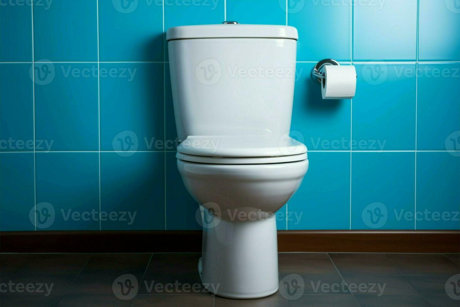 ai genererad badrum elegans vit keramisk toalett kontraster vackert med de lugnande blå vägg foto