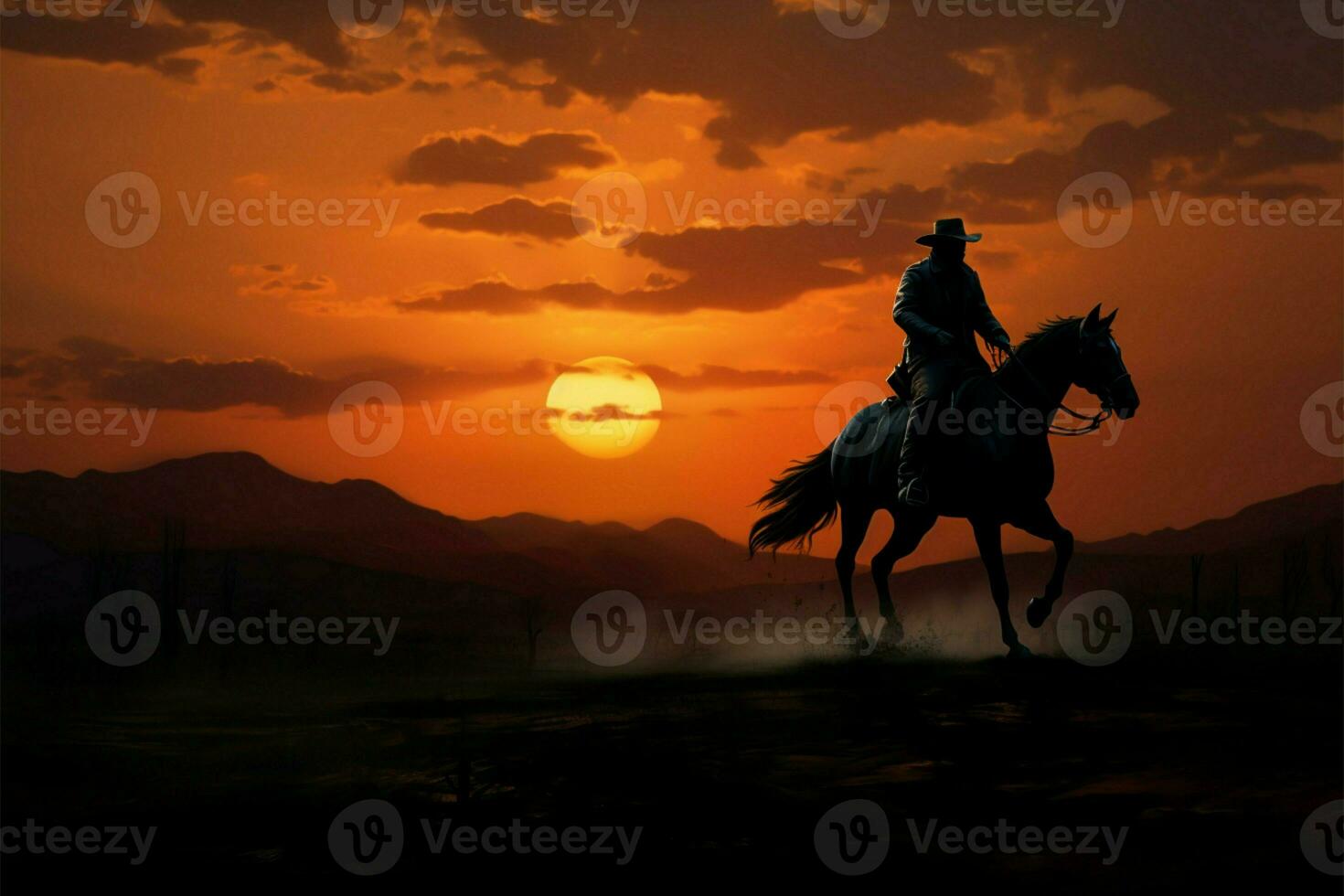 ai genererad cowboy på häst en wrangler rider in i de gyllene nyanser av de solnedgång foto