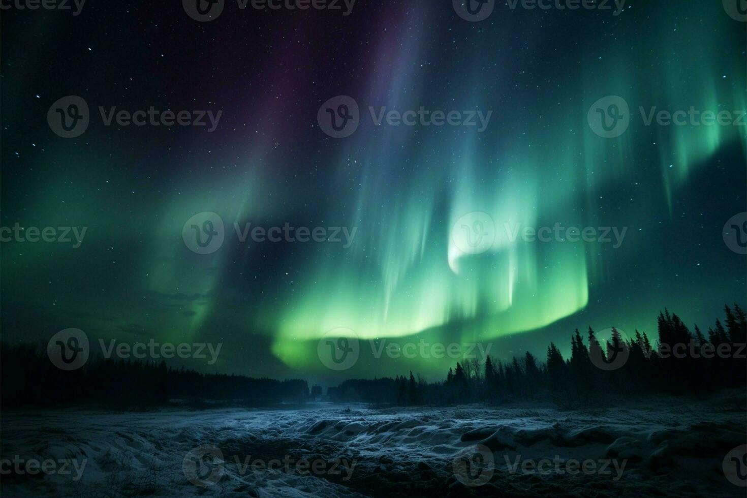 ai genererad natt himmel Utsmyckad en fascinerande visa av de skön aurora foto