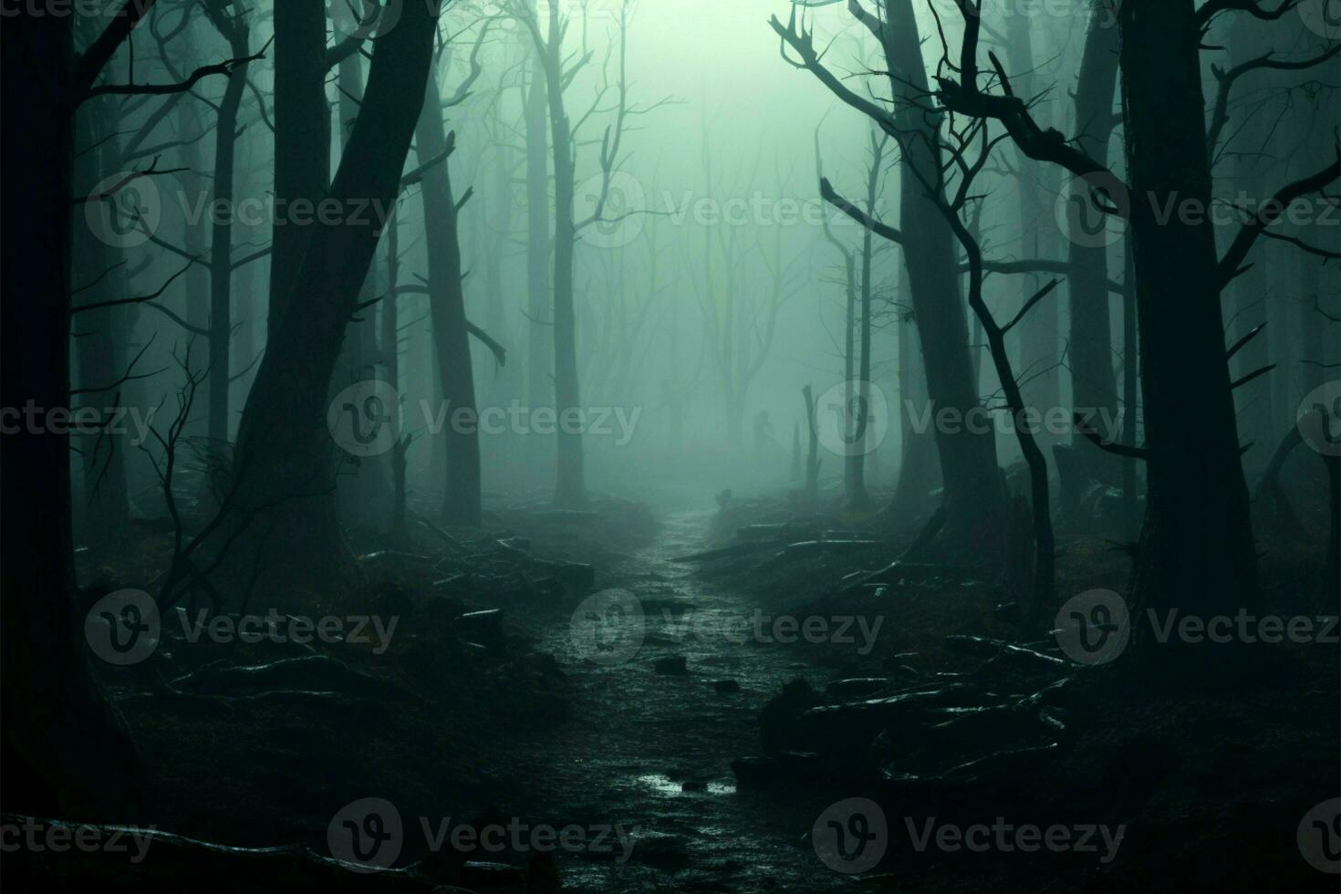 ai genererad kuslig landskap mörk skog höljd i besatt dimma, 3d tolkning foto