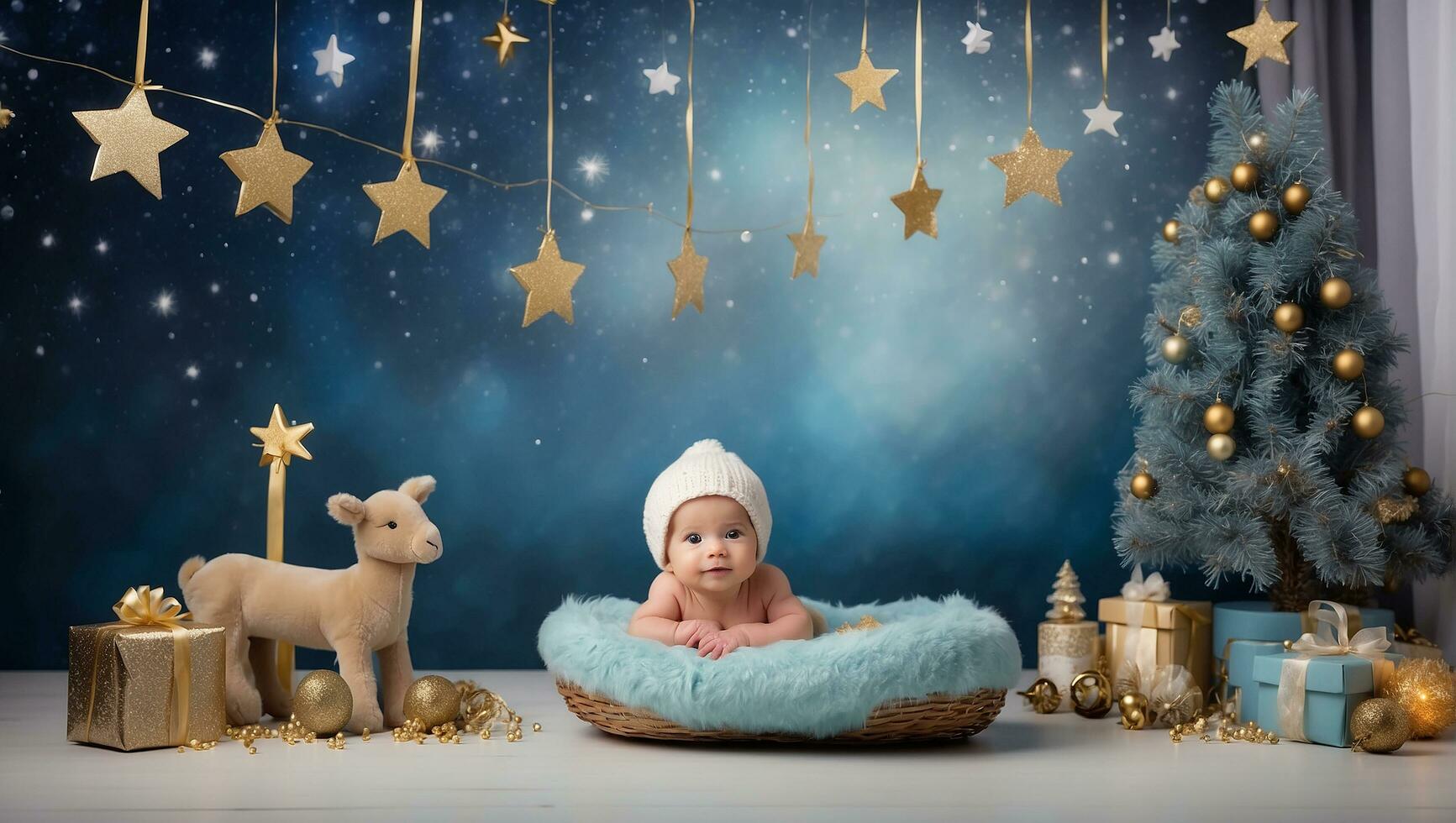 ai genererad jul plats med stjärnor för fotografering nyfödd spädbarn foto
