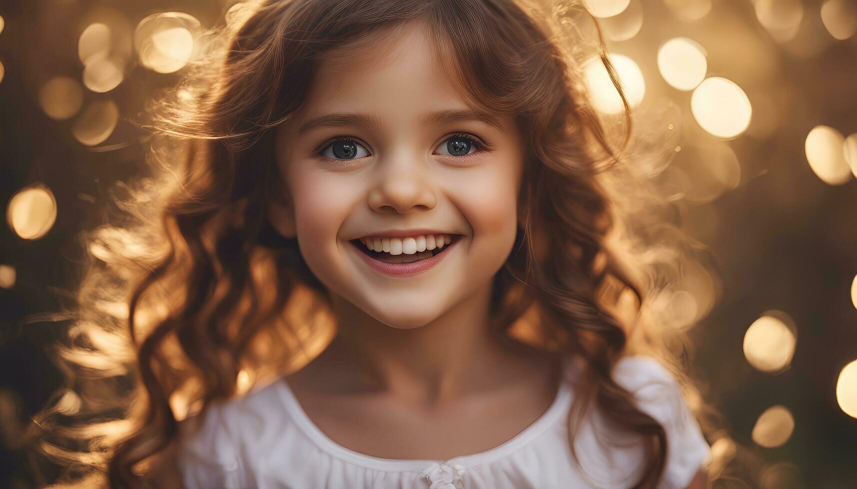 ai genererad porträtt av en söt liten flicka på en bakgrund av gyllene lampor. foto