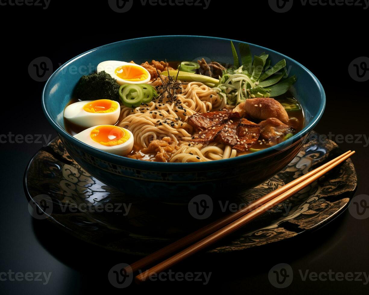 ai genererad en skål fylld med spaghetti och ägg, i de stil av japansk-inspirerad bilder foto