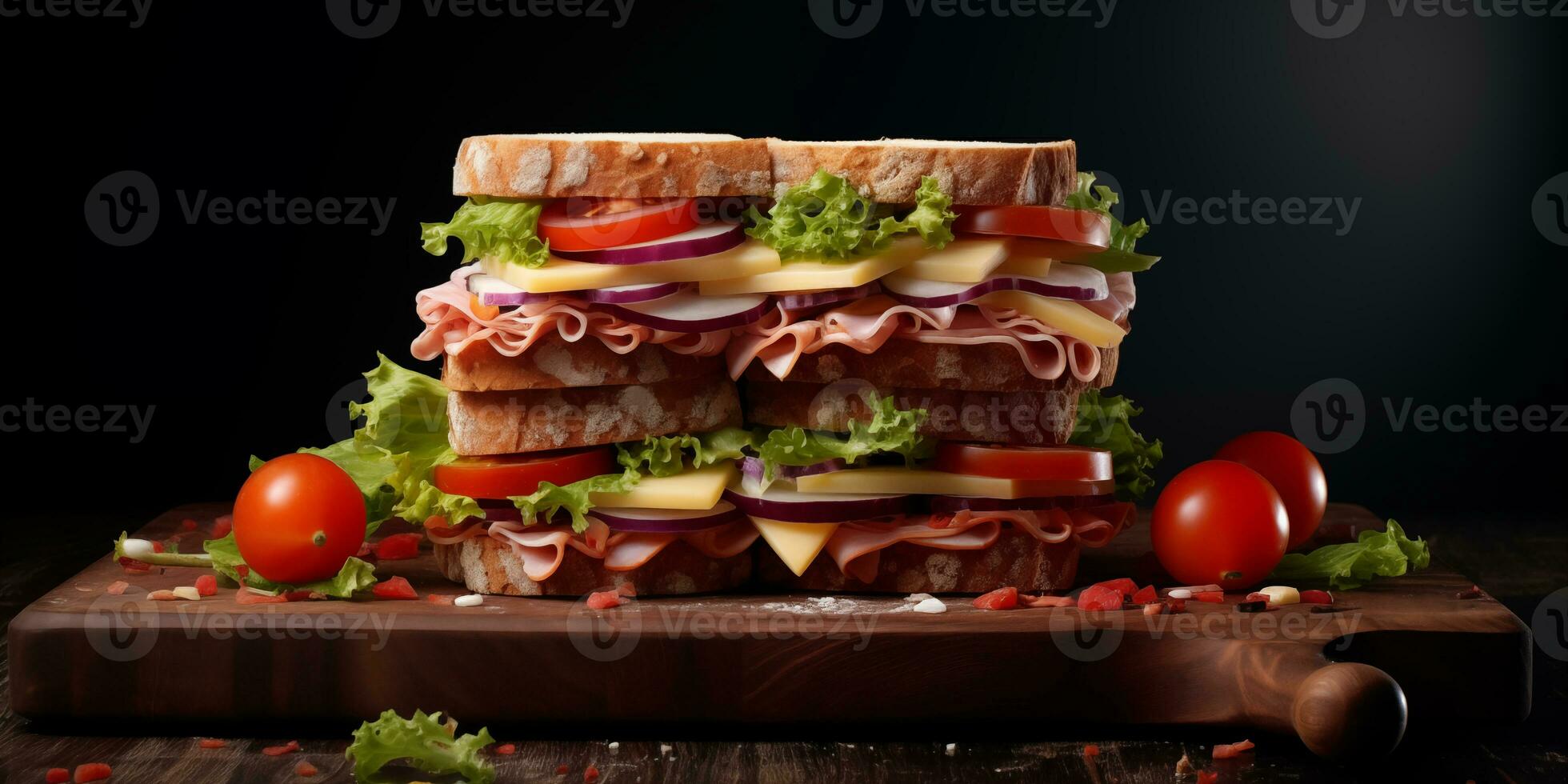 närbild av två smörgåsar med bacon, salami, skinka, och färsk grönsaker på en rustik trä- skärande styrelse. foto