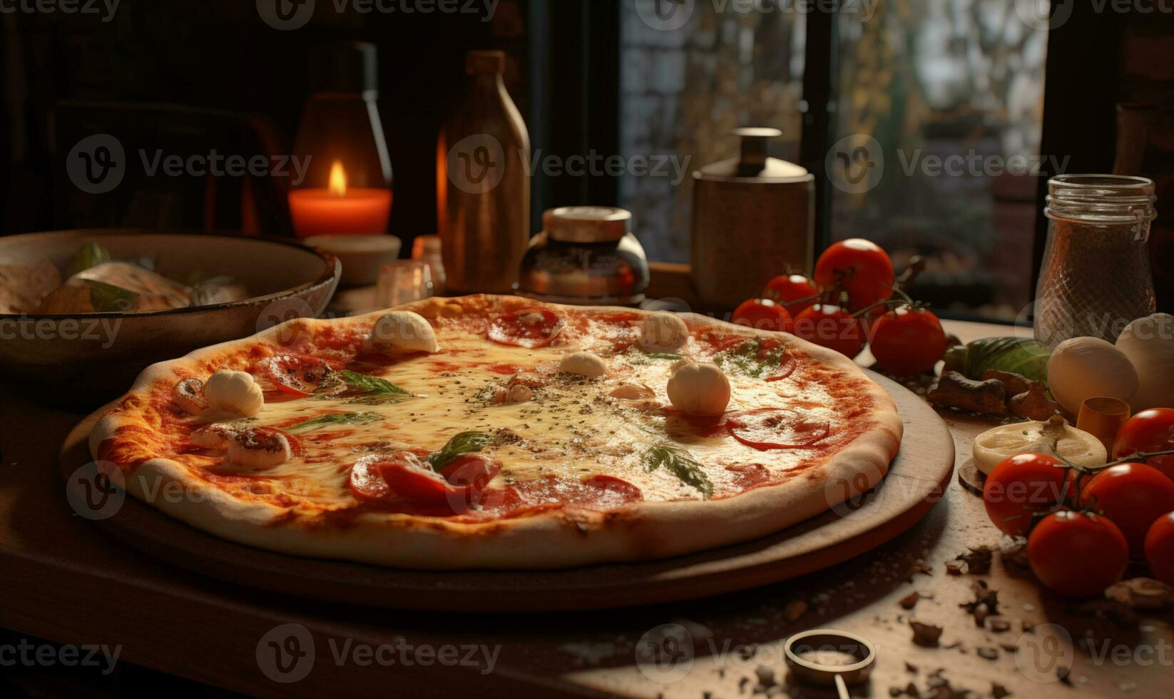 ai genererad en ost pizza är varelse beredd i främre av några Ingredienser och Ingredienser foto