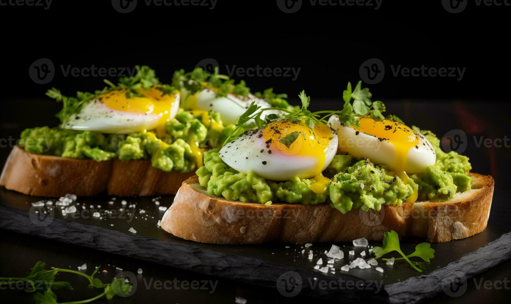 ai genererad ägg och guacamole på rostat bröd eras på en svart bakgrund foto