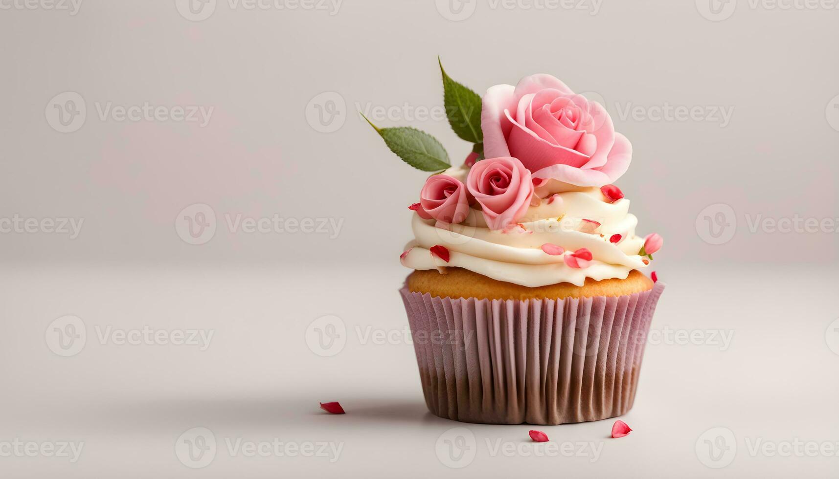 ai genererad muffin med rosa ro på en ljus bakgrund foto