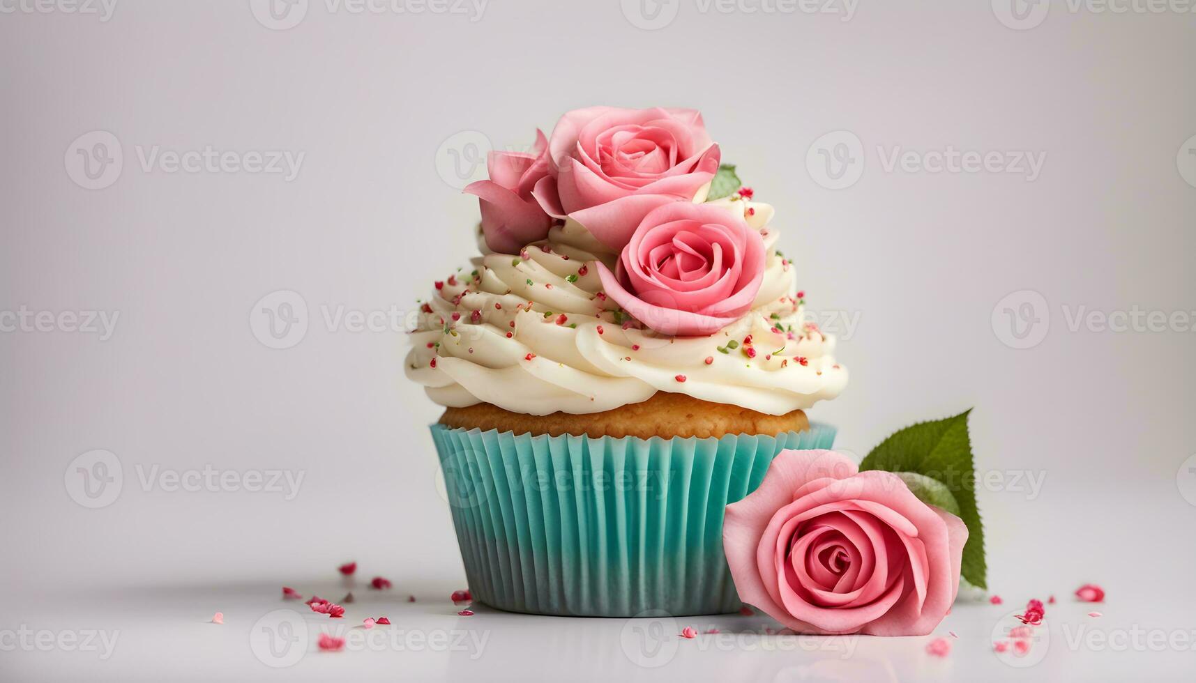 ai genererad muffin med rosa ro på vit bakgrund foto