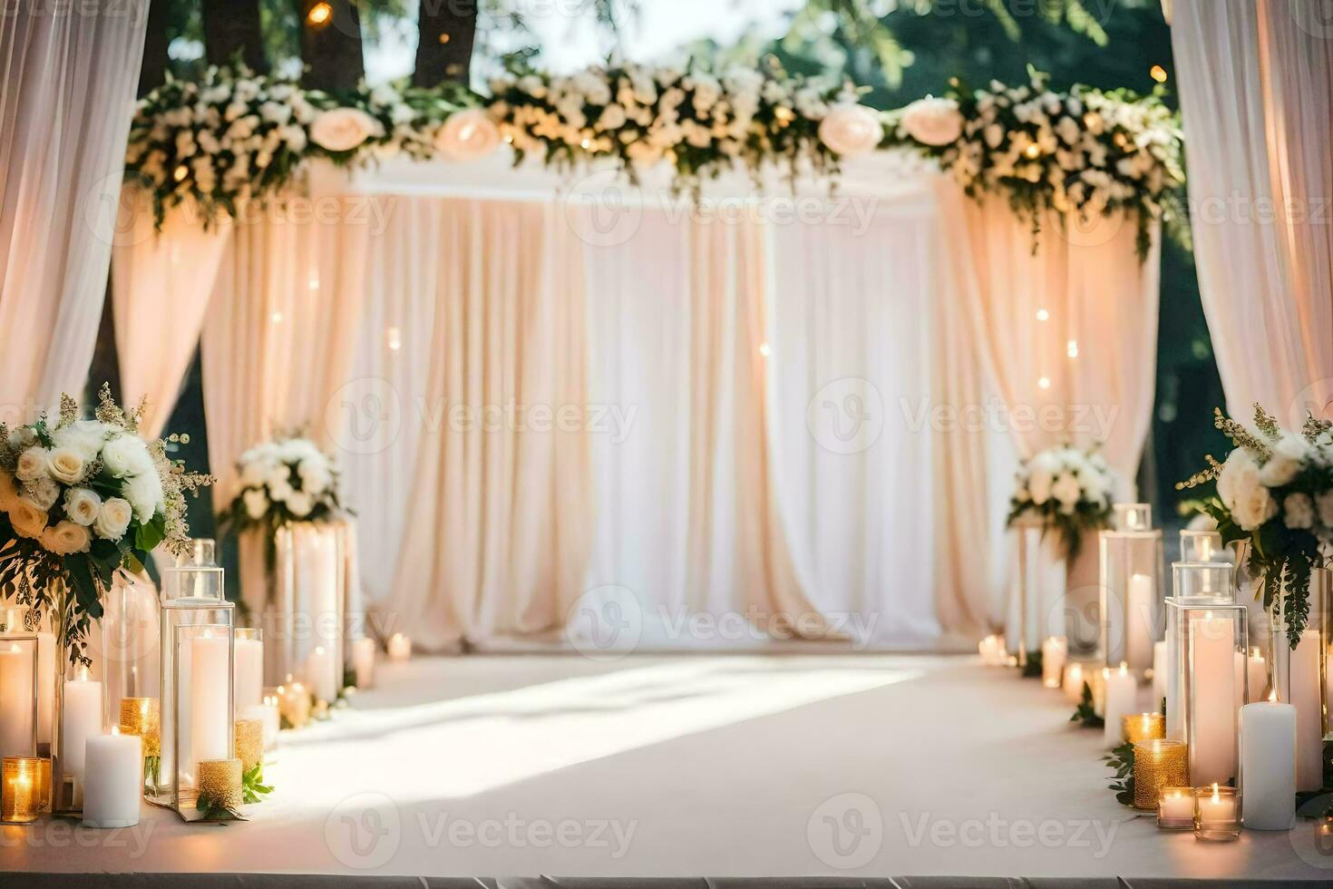 ai genererad en bröllop ceremoni med ljus och blommor foto