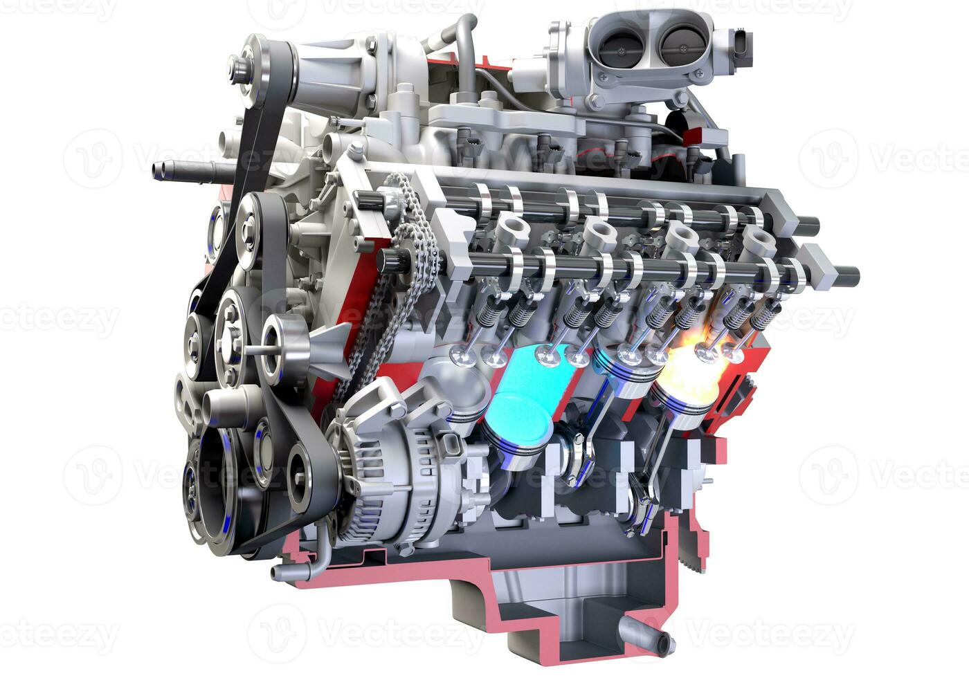 cutaway v8 bil motor med snittad tändning 3d tolkning på vit bakgrund foto