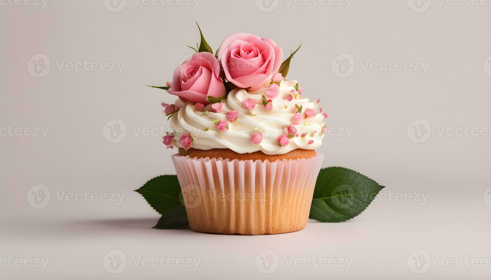 ai genererad muffin med rosa ro på en ljus bakgrund foto