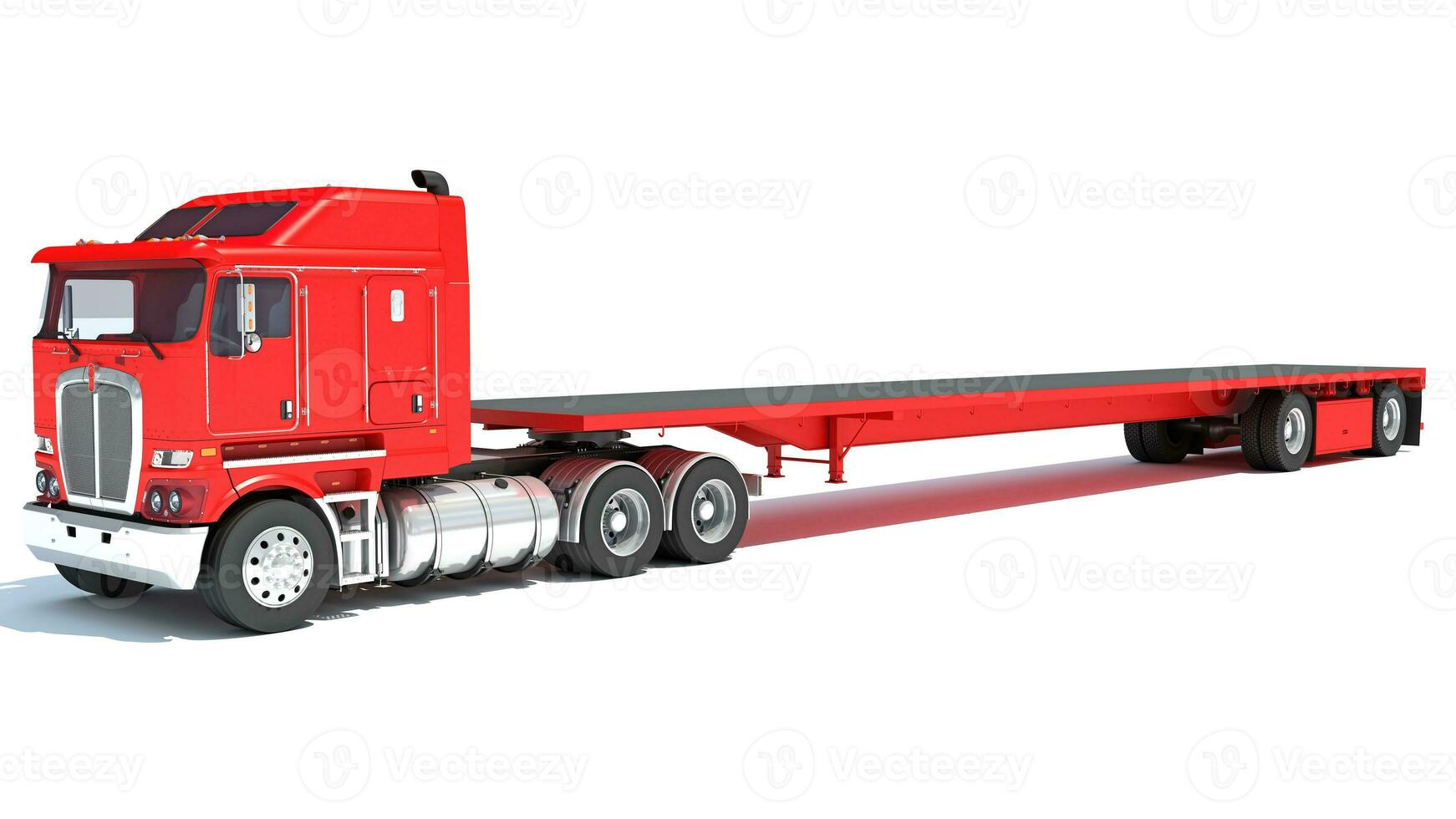 lastbil med platt säng trailer 3d tolkning på vit bakgrund foto