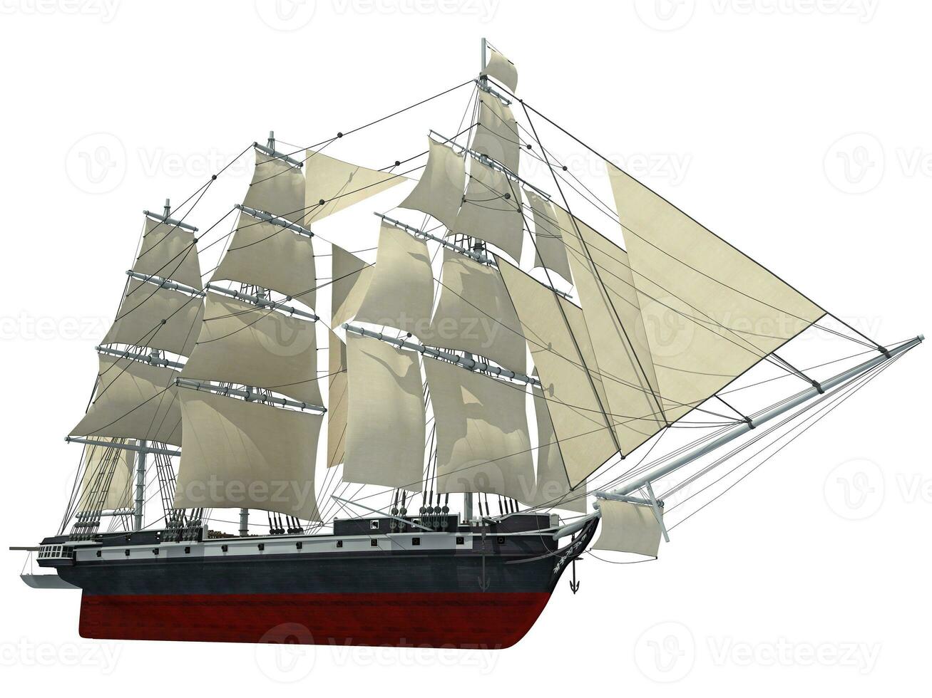 segling fartyg 3d tolkning på vit bakgrund foto