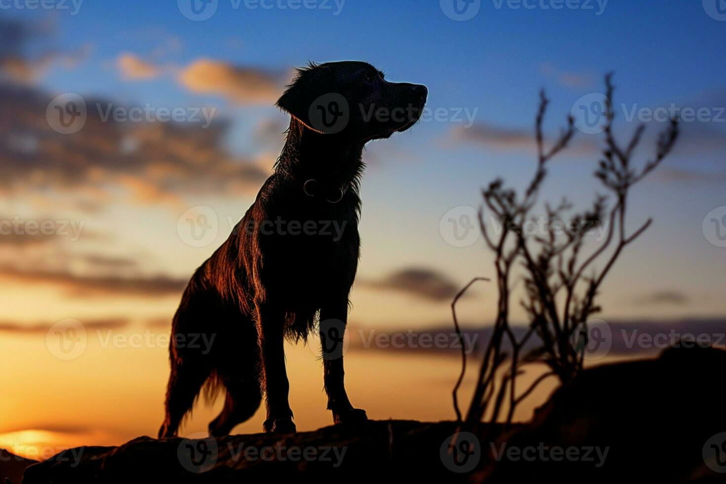 ai genererad en hund silhuett mot de miljö Sol skapar en pittoresk scen foto