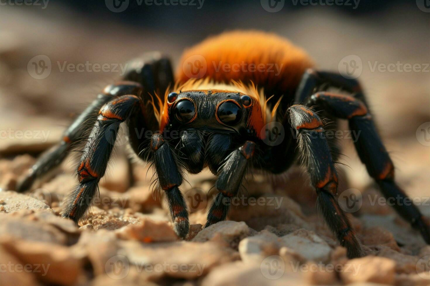 ai genererad sten och silke tarantuler porträtt visat upp på texturerad jord foto