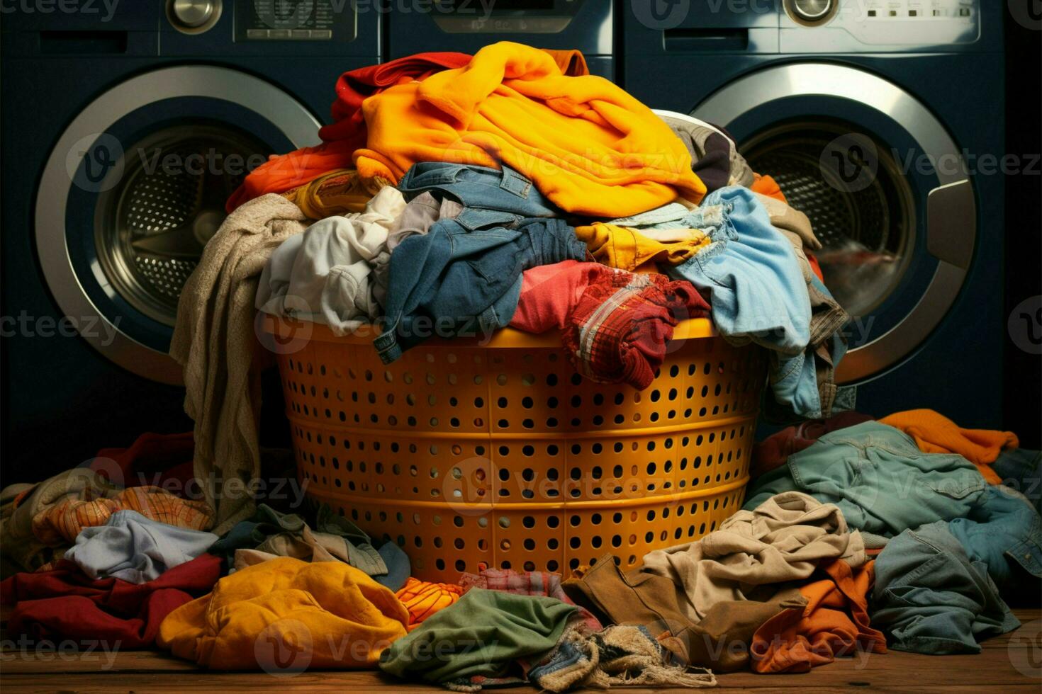 ai genererad tvätt kaos en korg svämmar över med en berg av osorterade, smutsig kläder foto