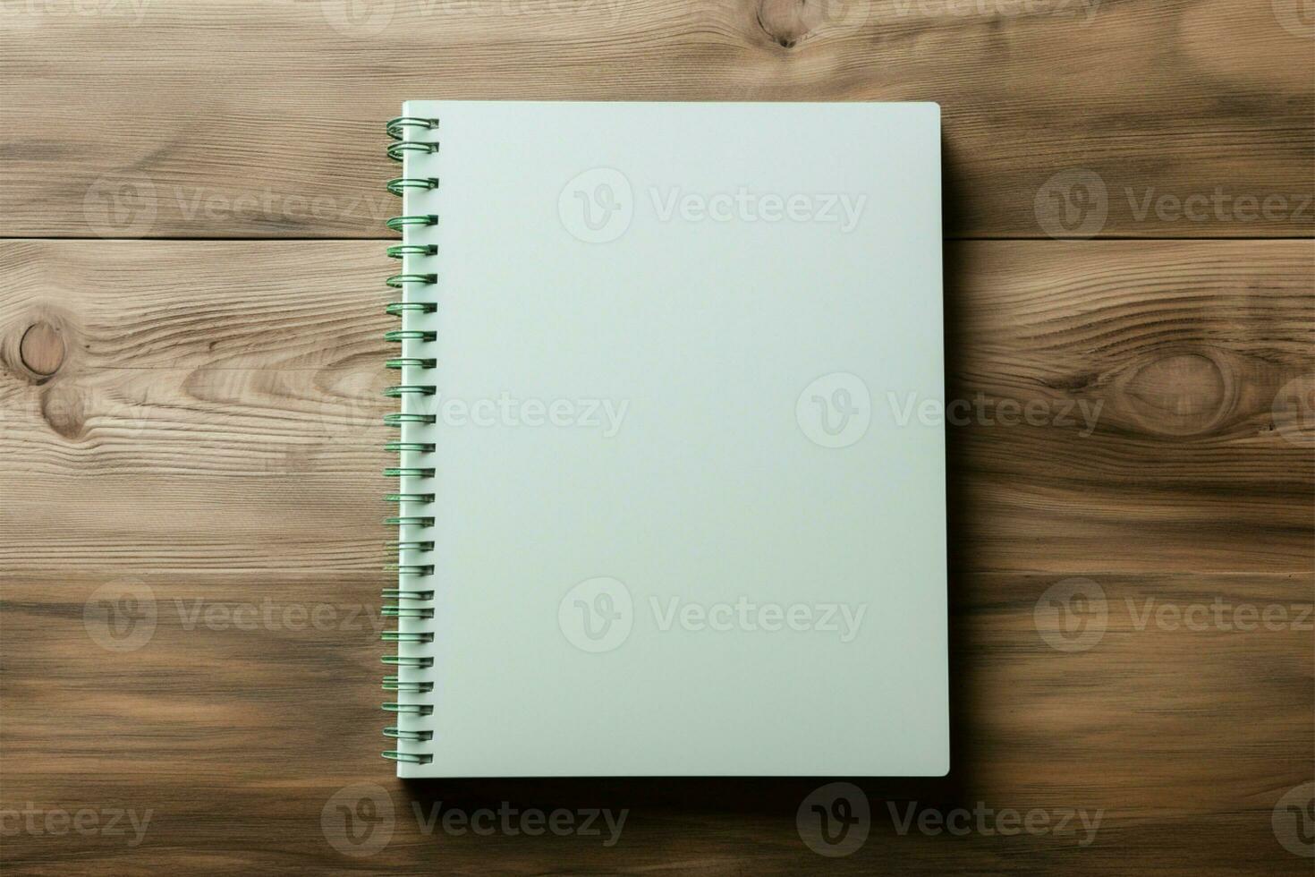 ai genererad minimalistisk arbetsyta en anteckningsbok placerad topp se på de trä- golv foto