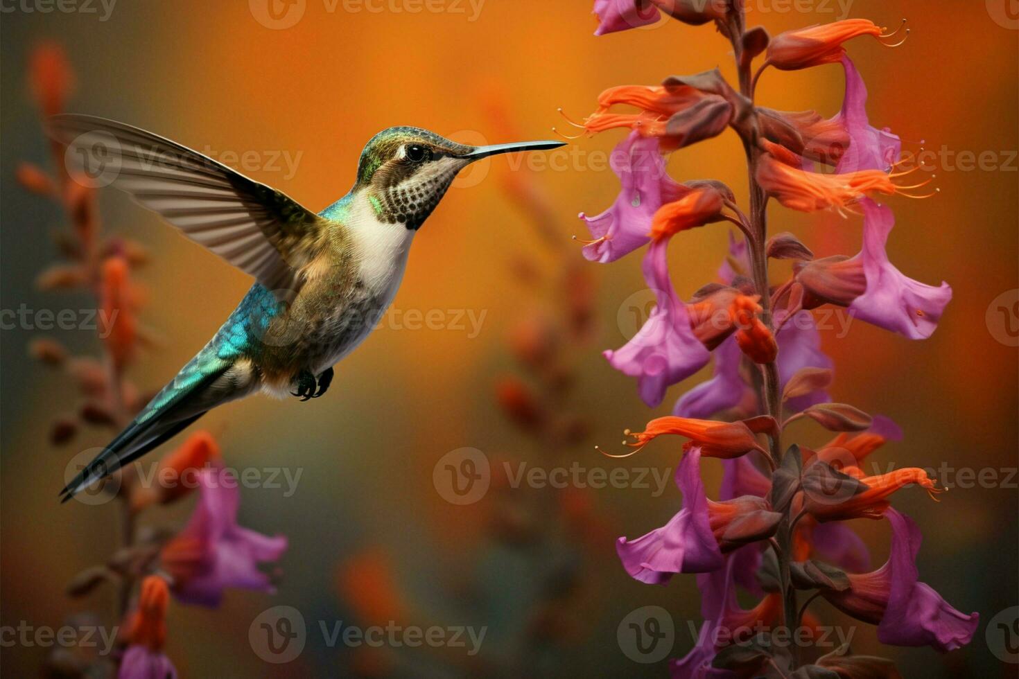 ai genererad blommig dansa kolibrier porträtt Utsmyckad med vibrerande, blomning blommor foto