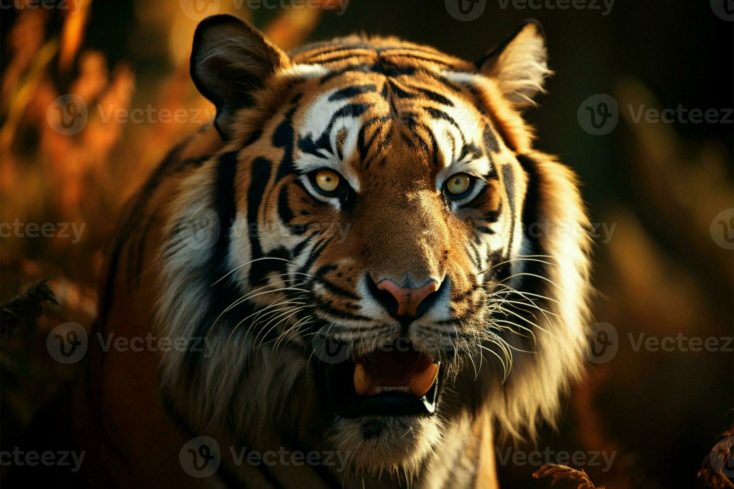 ai genererad naturer royalty en detaljerad tiger porträtt i de hjärta av de skog foto