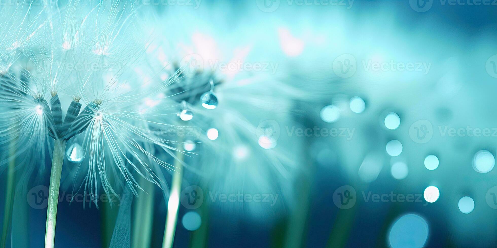 ai genererad maskros frön i droppar av vatten på blå och turkos skön bakgrund med mjuk fokus i foto