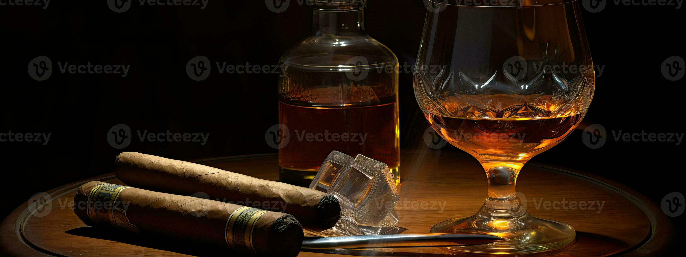 ai genererad cigarr, brandy glas, flaska och tunna, lyxig herr- klubb baner bakgrund med kopia Plats foto