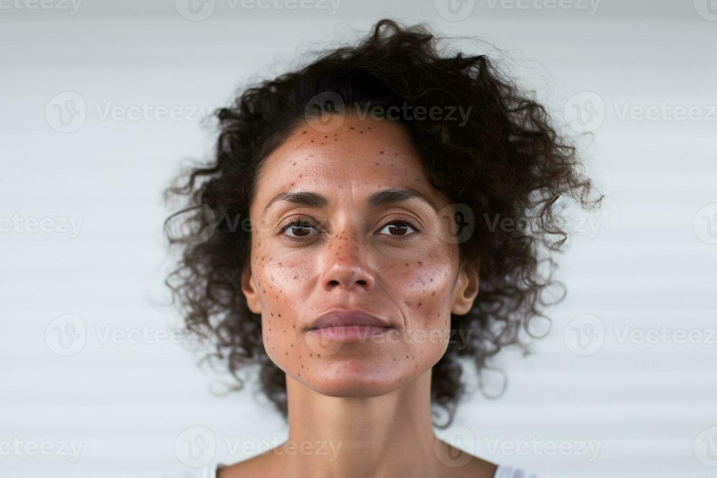 ai genererad porträtt av lugna latinamerikan mitten åldrig kvinna ansikte med fräknar foto