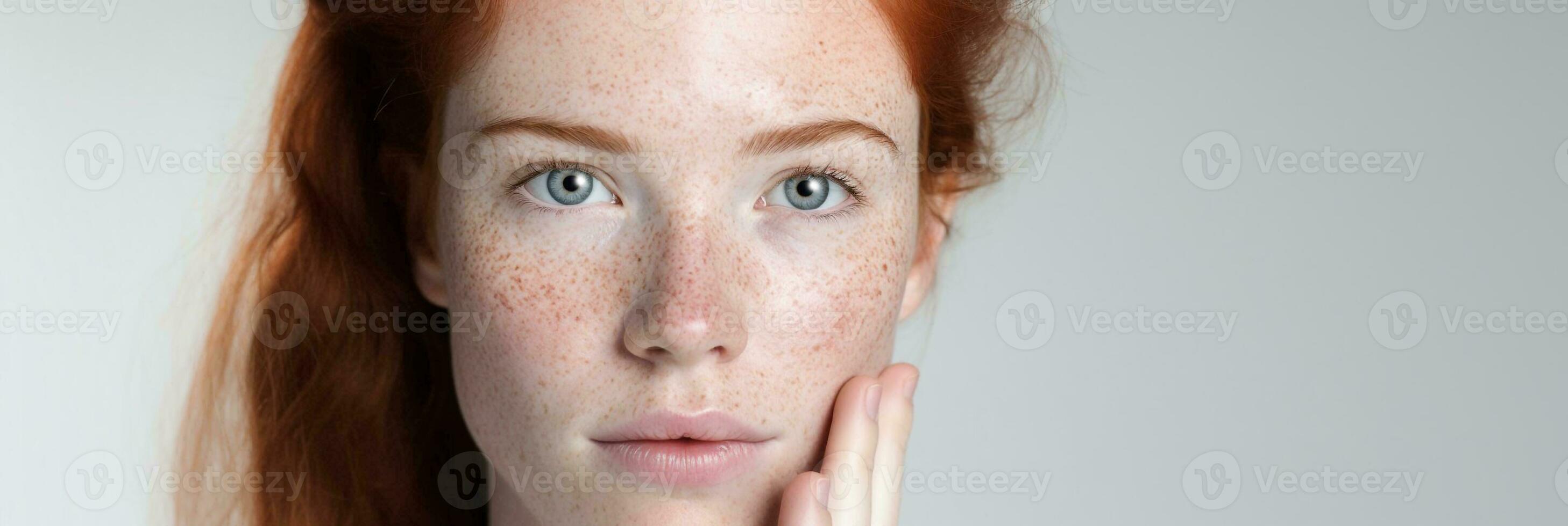 ai genererad porträtt av beskurna caucasian ung kvinna ansikte med fräknar rörande hud förbi hand foto