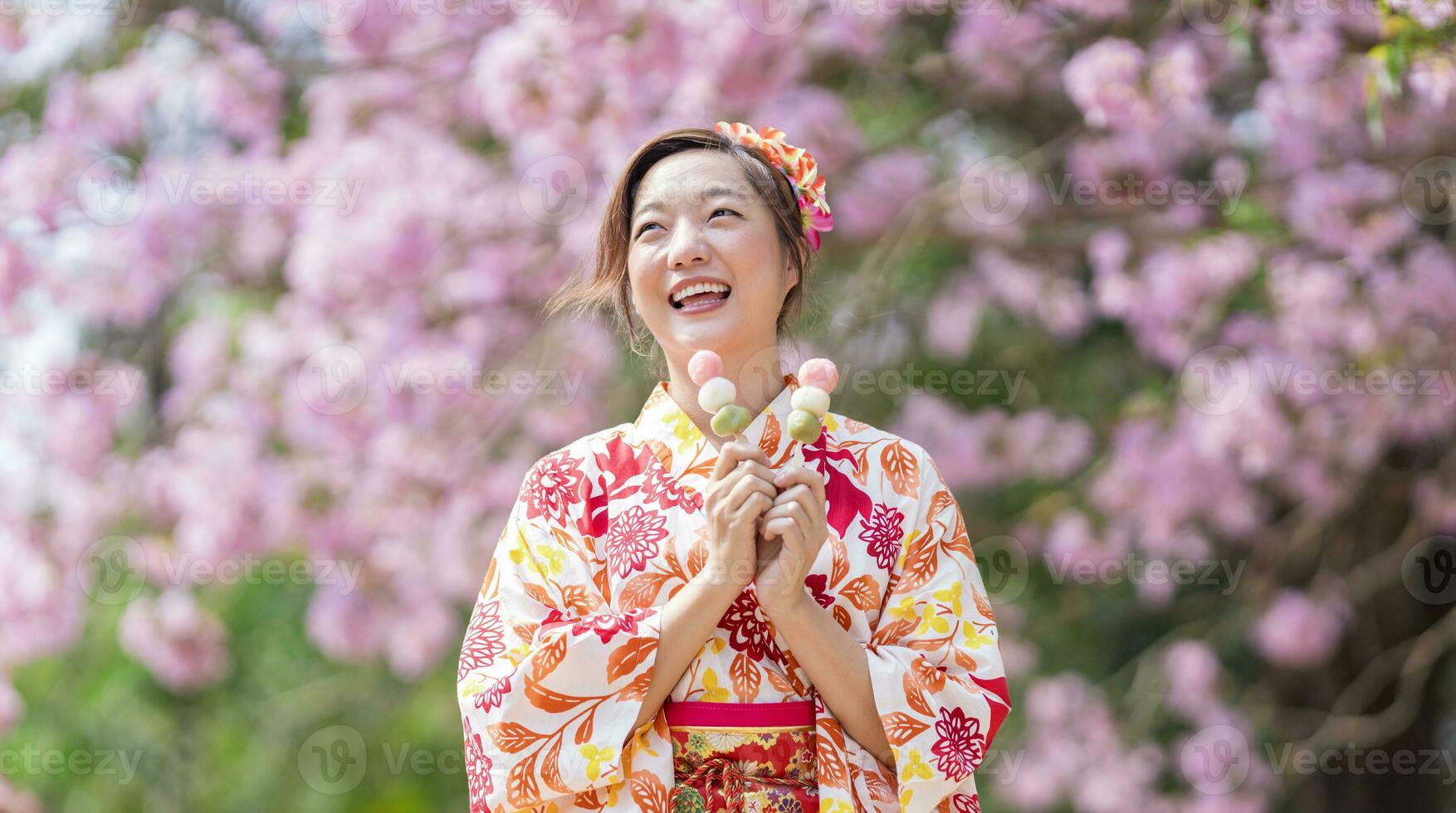 japansk kvinna i traditionell kimono klänning innehav ljuv hanami dango efterrätt medan gående i de parkera på körsbär blomma träd under vår sakura festival foto