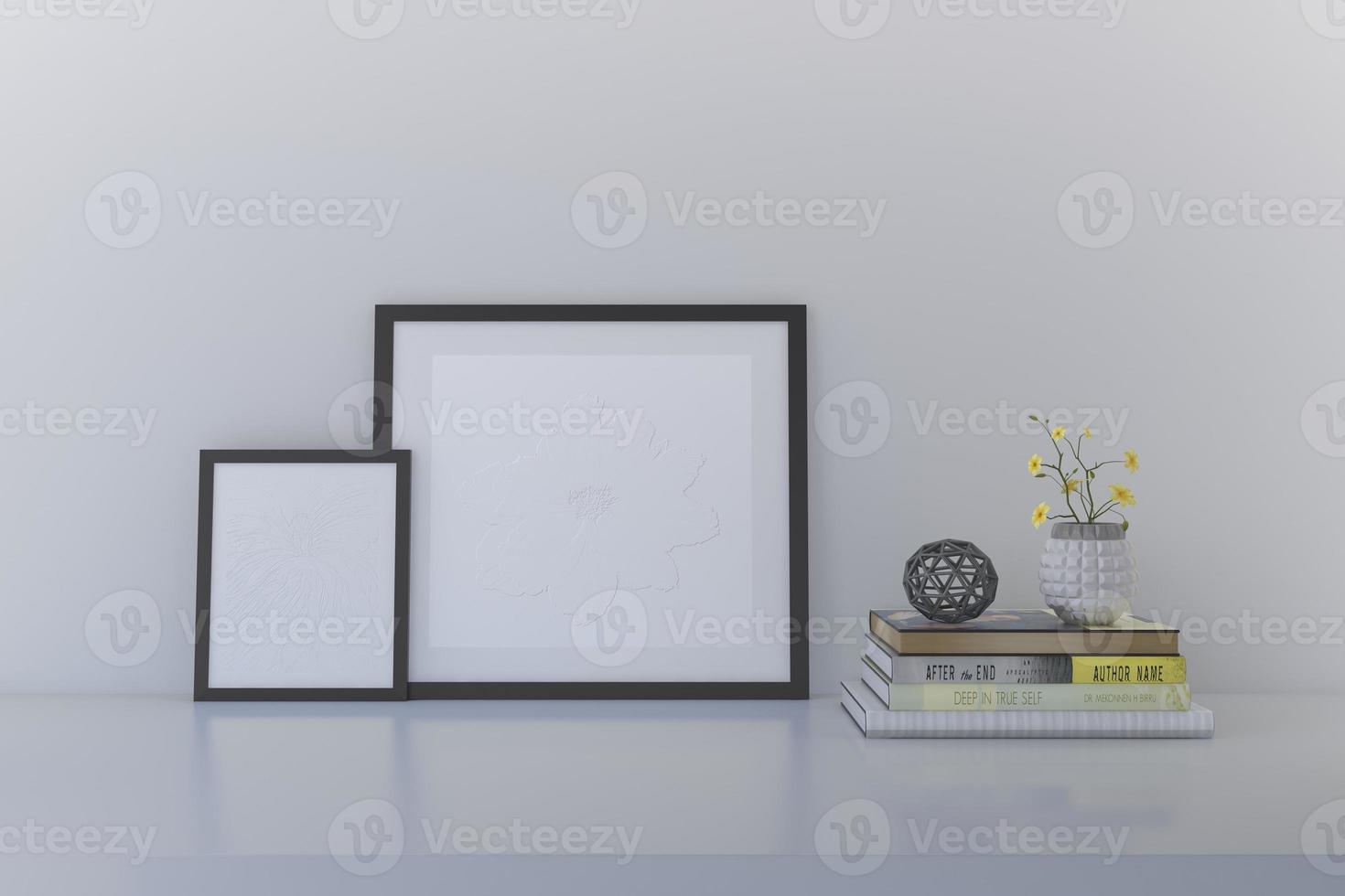 minimalistisk heminredning av interiör med två fotoramar mockup på den vita hyllan med böcker foto