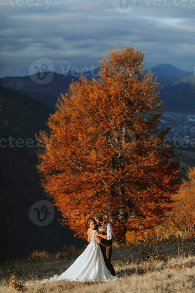 kärleksfull par i de berg. bröllop i de berg. tillbaka se av de nygifta par stående på de bergen och njuter de landskap. foto