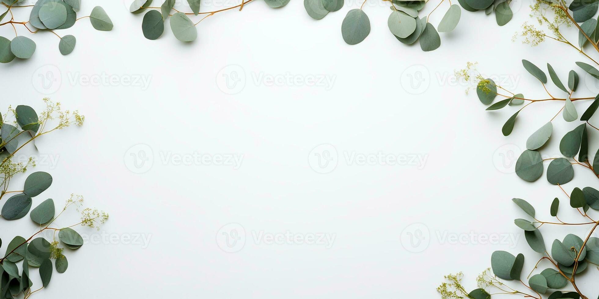ai genererad platt lägga med eukalyptus grenar och löv på en blå bakgrund. estetisk ram av eukalyptus löv, gräns foto
