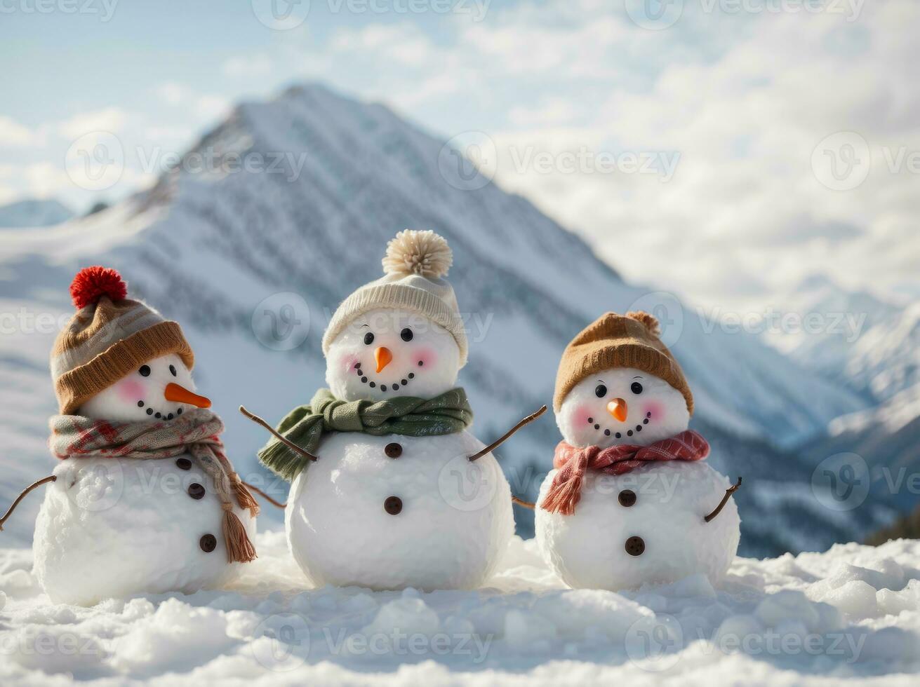 ai genererad Lycklig snögubbe vänner i en vinter- sagoland omgiven förbi snöig berg. perfekt scen för vinter- högtider och jul firande. foto