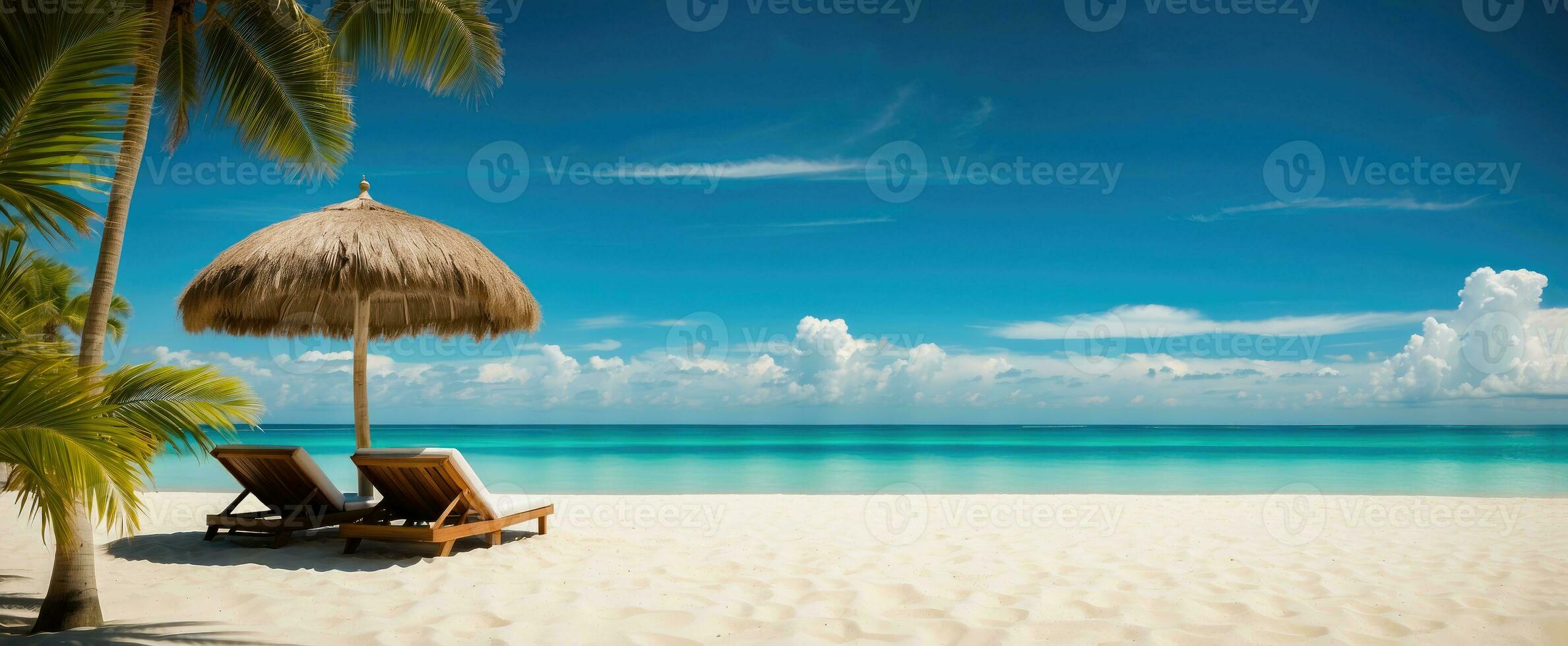ai genererad strand stolar och paraplyer på en tropisk strand bakgrund. foto