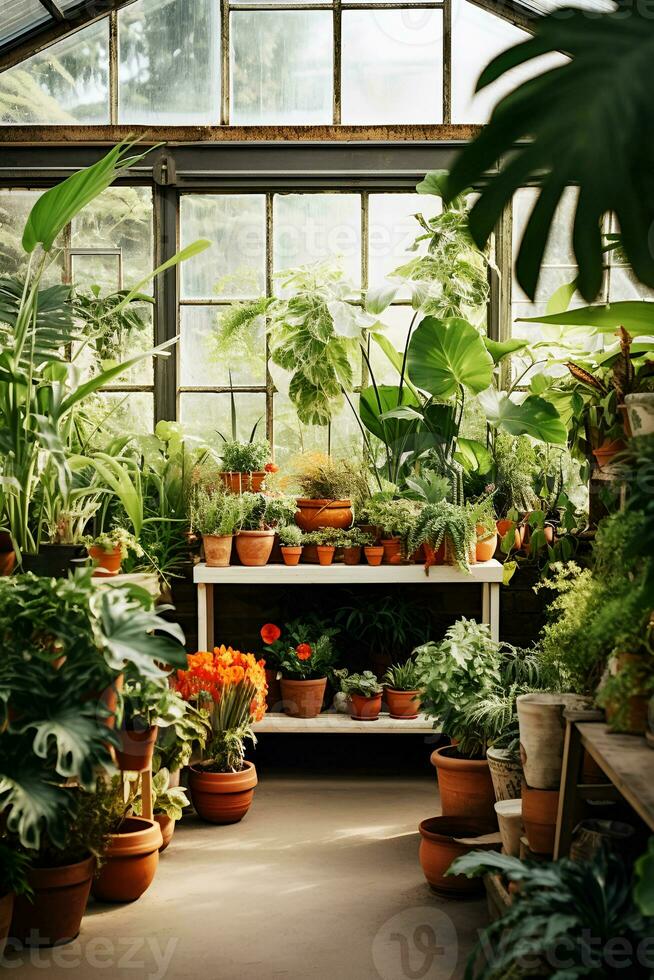 ai genererad många grön inlagd växter i keramisk kastruller i de växthus inomhus- trädgårdsarbete, blommig mångfald och grönska begrepp foto