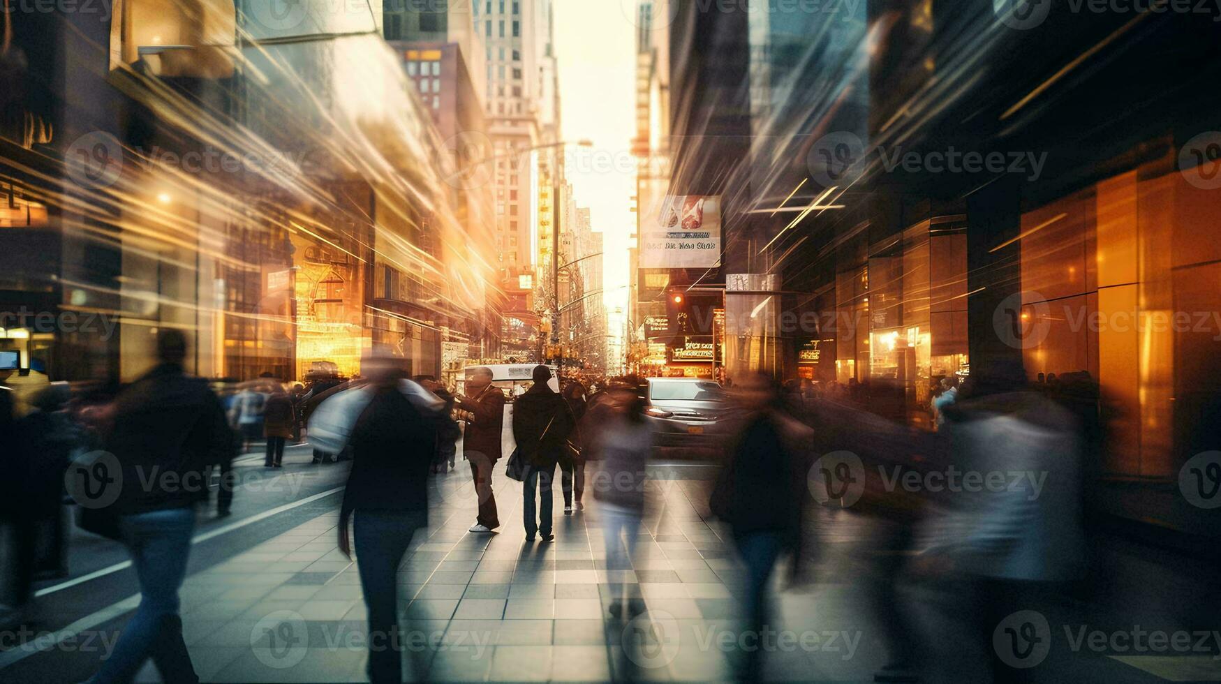 ai genererad suddig abstrakt Foto av många människor gående på de trottoar av en upptagen stadens centrum gata, urban livsstil