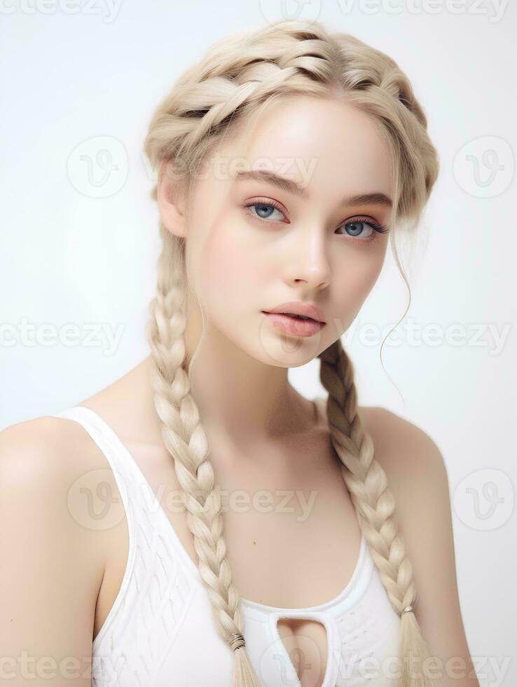 ai genererad porträtt av skön ung kvinna med lång flätad blond hår, isolerat vit bakgrund, ai generativ foto