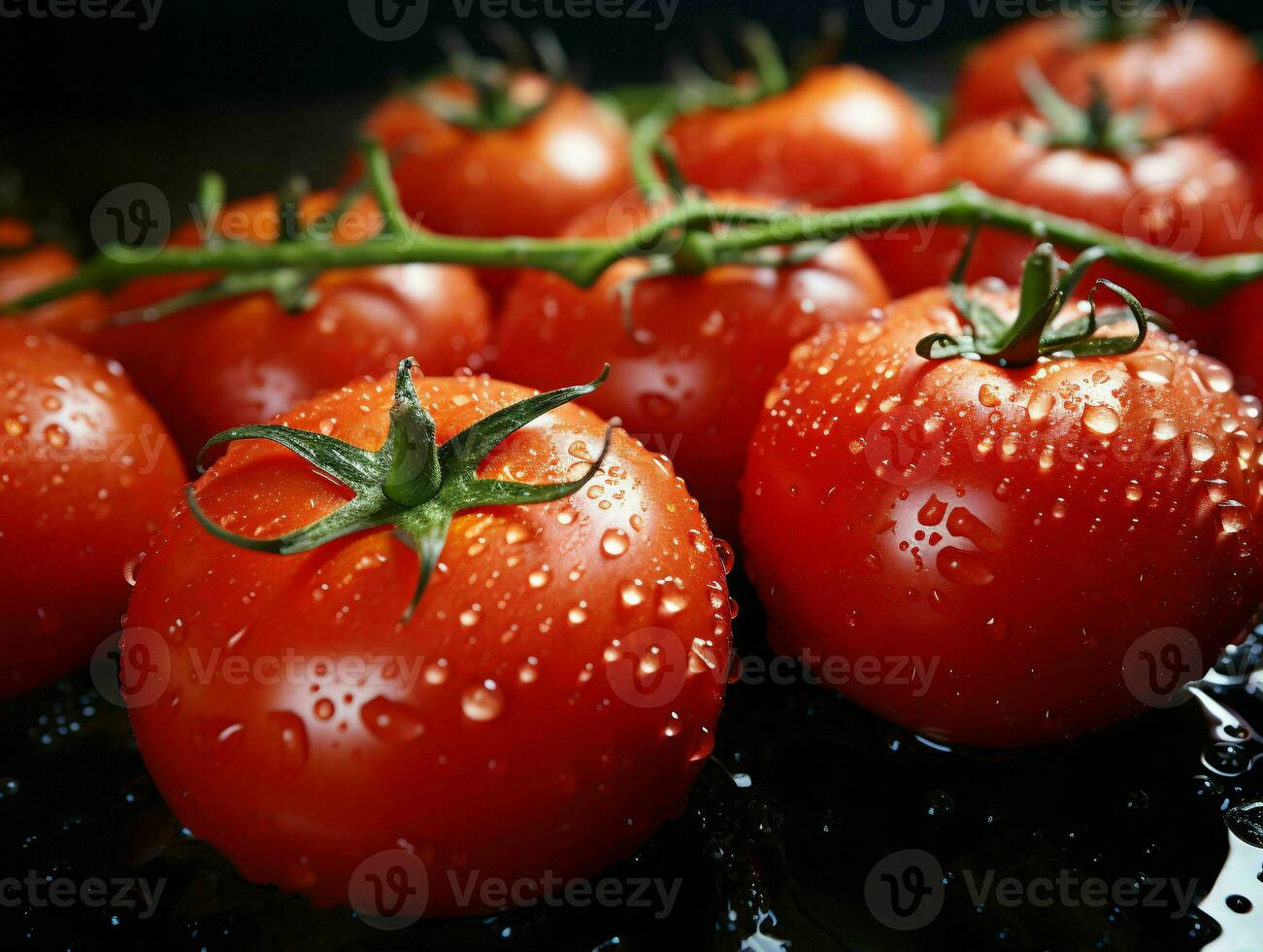 ai genererad färsk tomater med vatten droppar isolerat på svart bakgrund. generativ ai foto