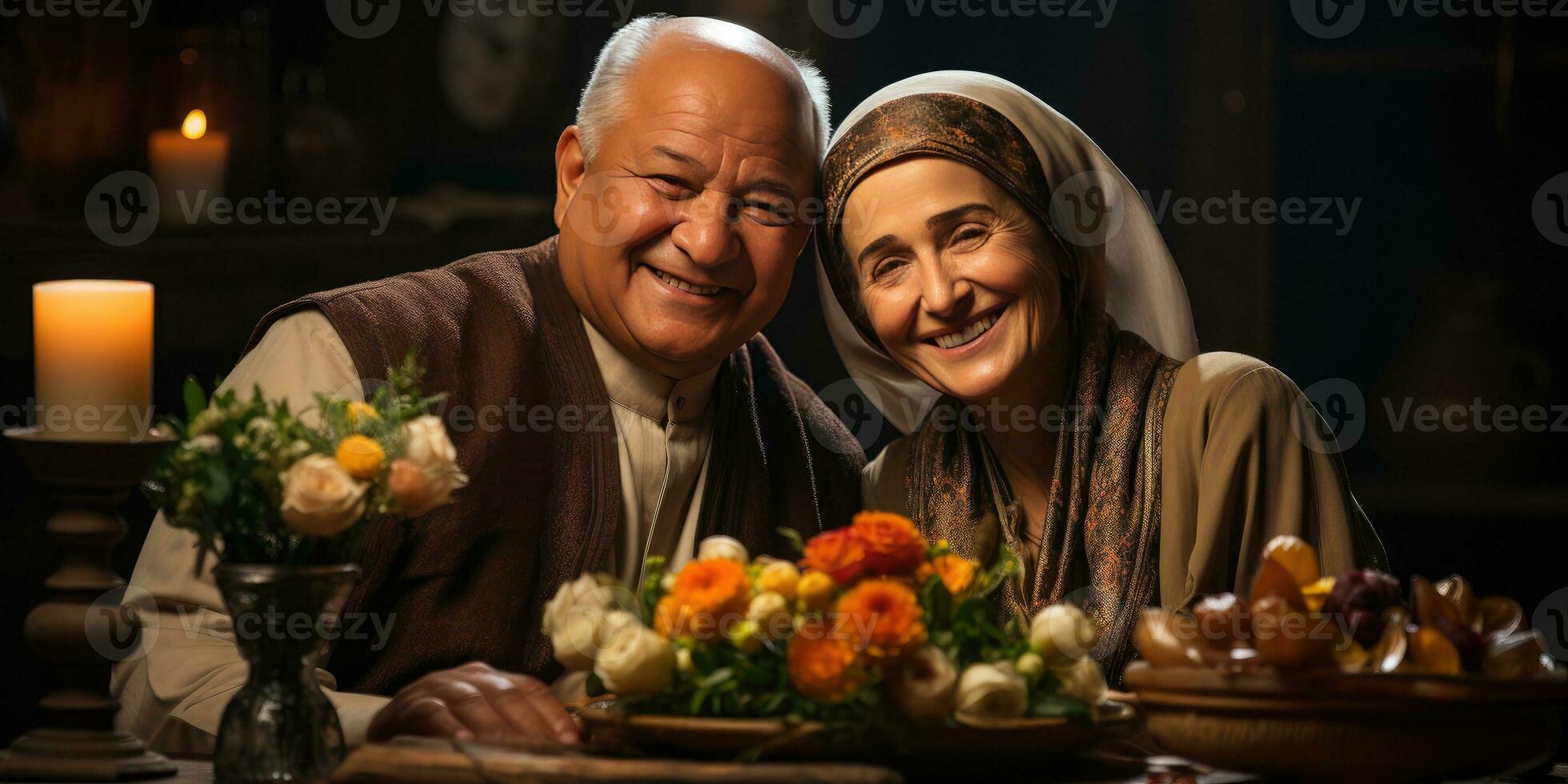 ai genererad Lycklig och romantisk gammal muslim par. generativ ai foto