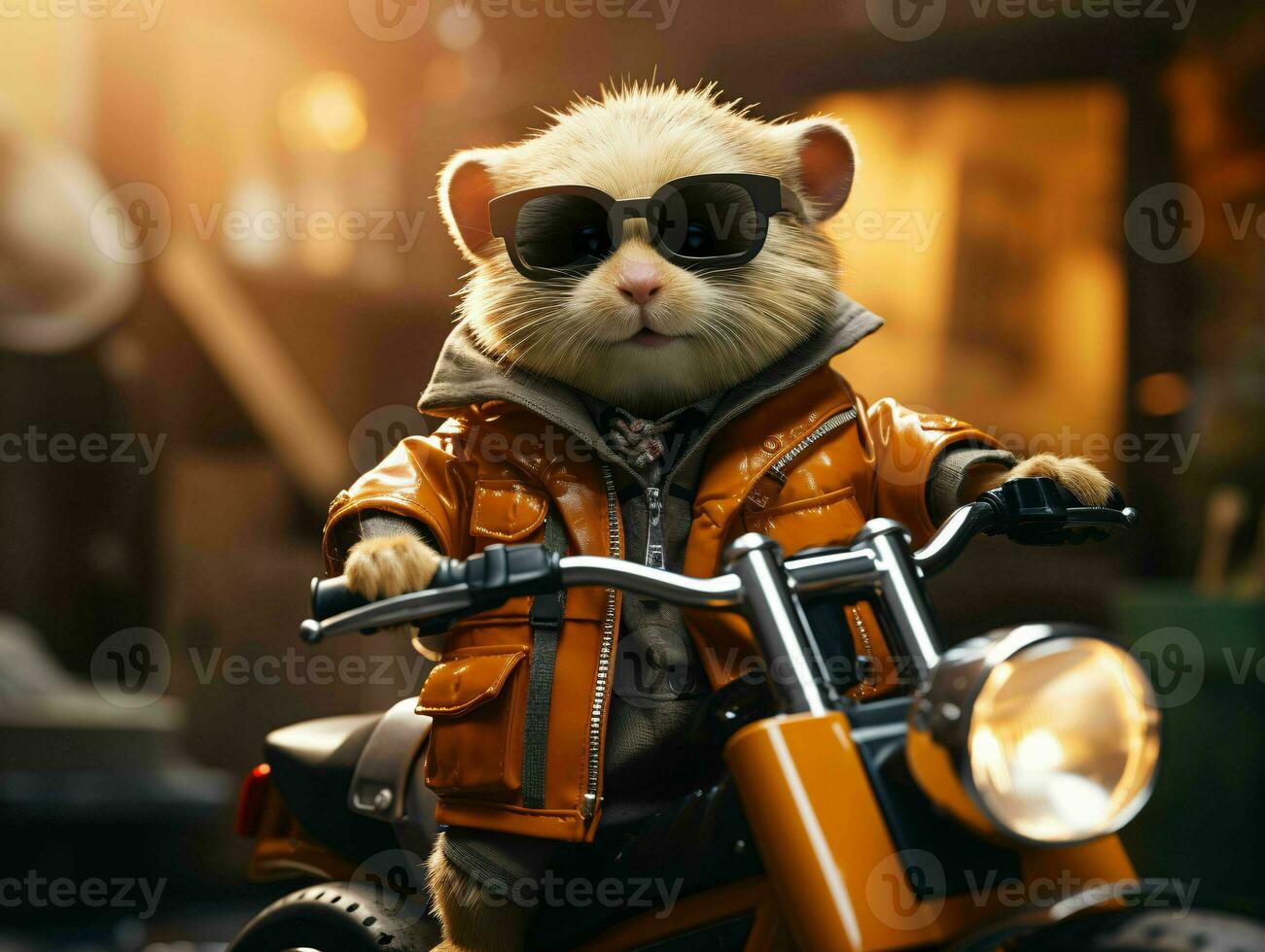 ai genererad söt liten hamster ridning en motorcykel. generativ ai foto